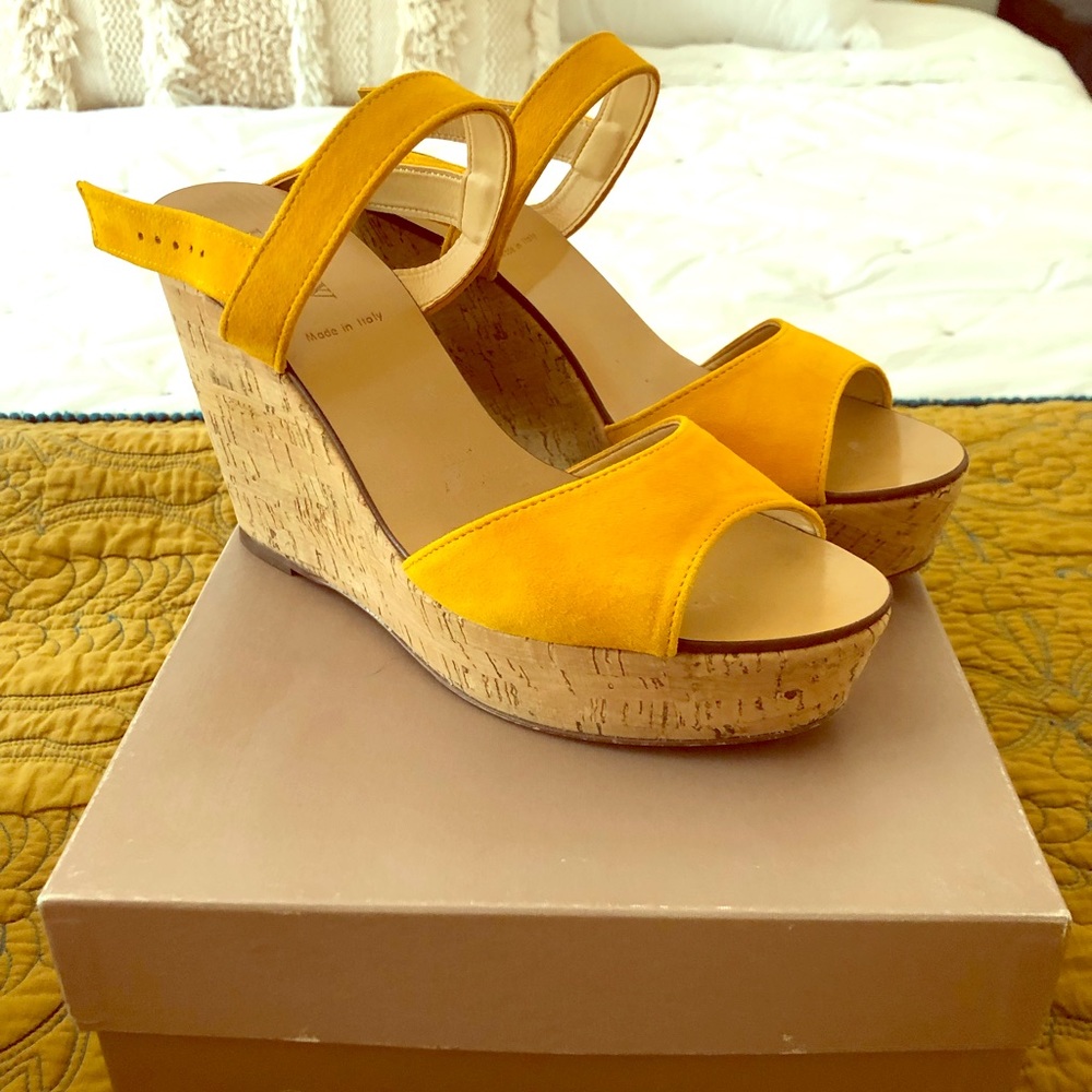 J crew mustard suede cork platform sandals